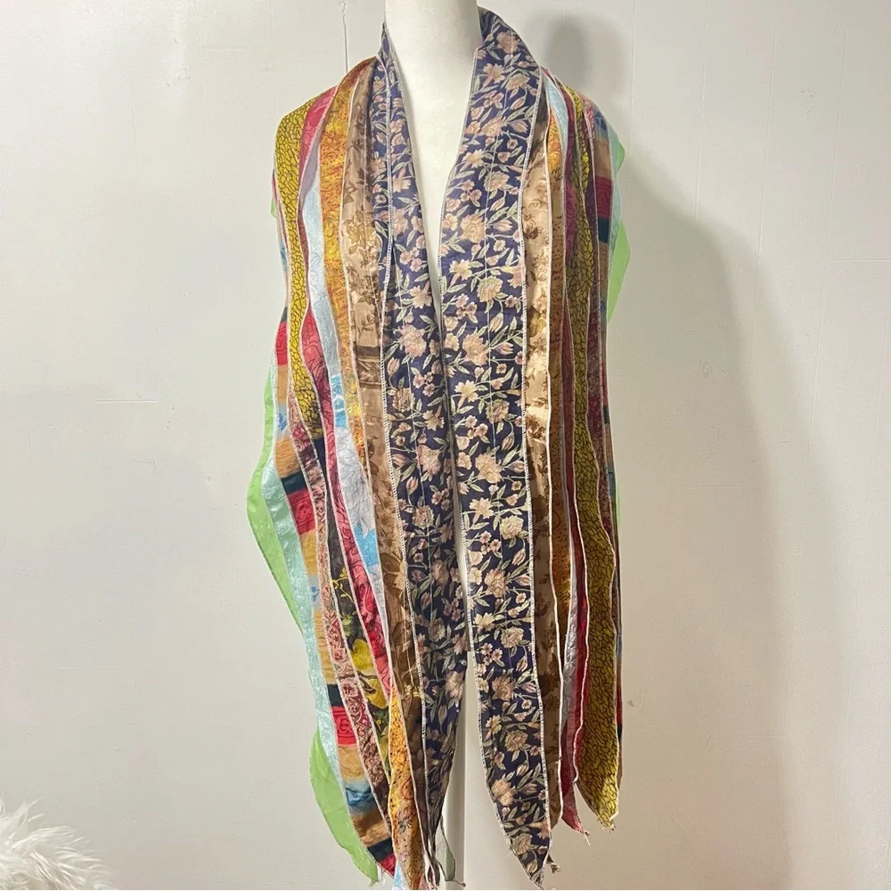100% Silk Sari Colorful Striped Floral Boho Whimsical Scarf Shawl NWT